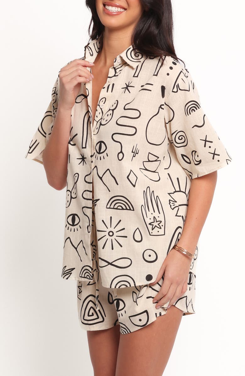 Petal & Pup Isabella Mixed Print Button-Up Shirt & Drawstring Shorts Set, Alternate, color, Beige Black