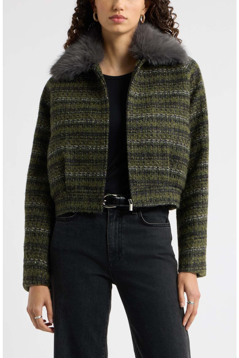 Tweed Bomber Jacket with Faux Fur Collar, Main, color, OLIVE TWEED