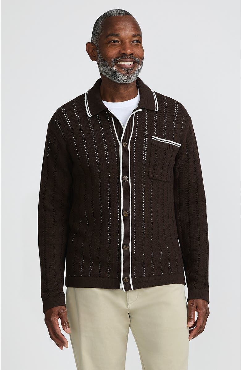 Lands' End Long Sleeve Button Through Summer Polo Cardigan, Main, color, Rich Coffee