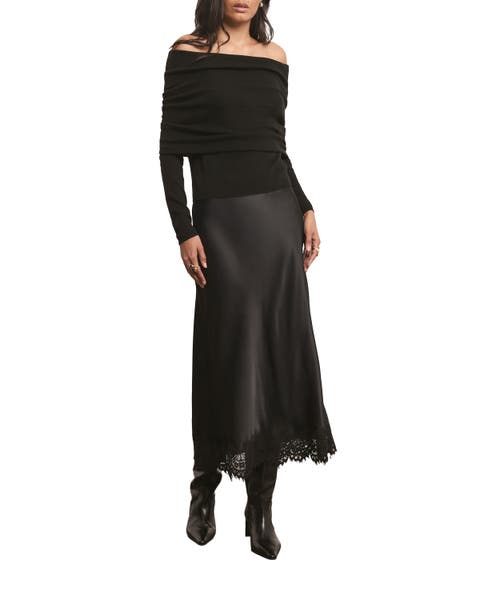 Satin Lace Trim Maxi Skirt