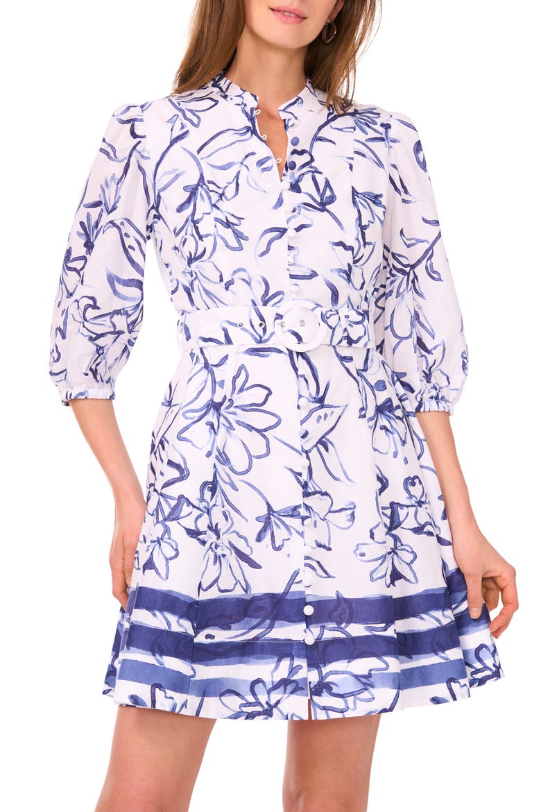 Floral Belted Cotton Shirtdress, Alternate, color, MOSAIC SKY