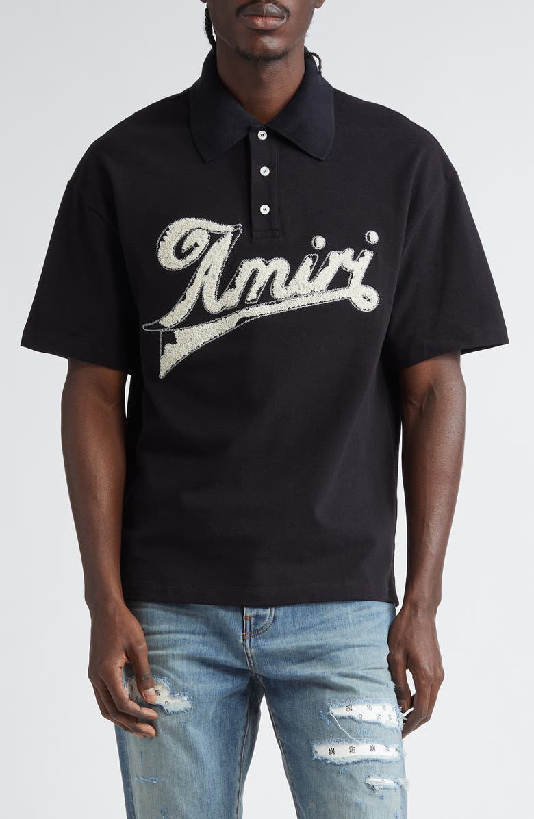 AMIRI Distressed Logo Cotton Piqué Polo, Main, color,