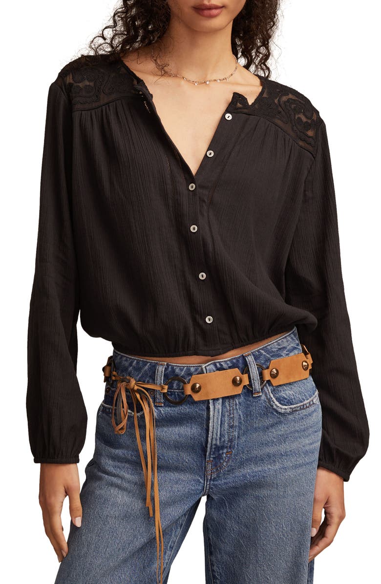 Lucky Brand Lace Inset Bubble Hem Cotton Button-Up Shirt, Main, color, Caviar