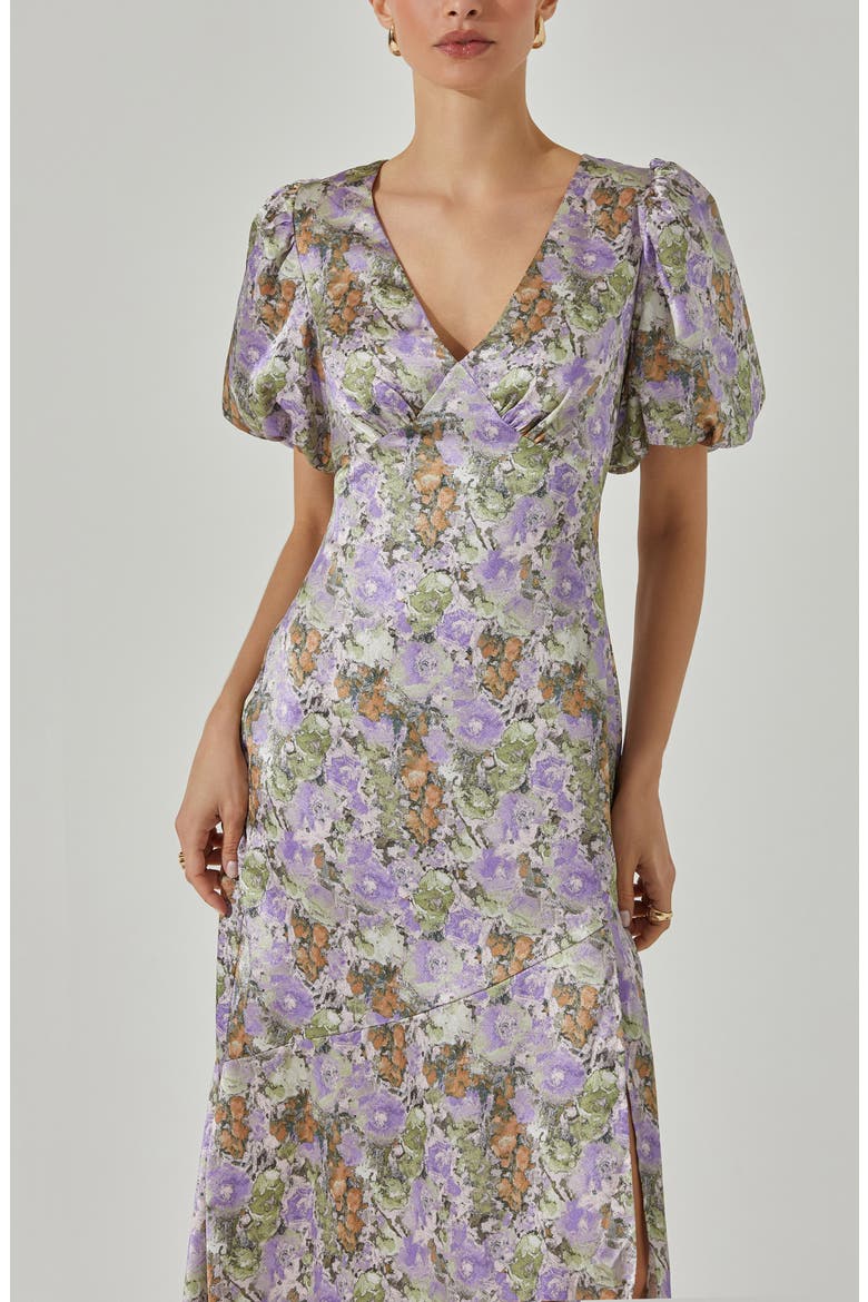 Floral Puff Sleeve Satin Maxi Dress, Alternate, color, PURPLE GRE