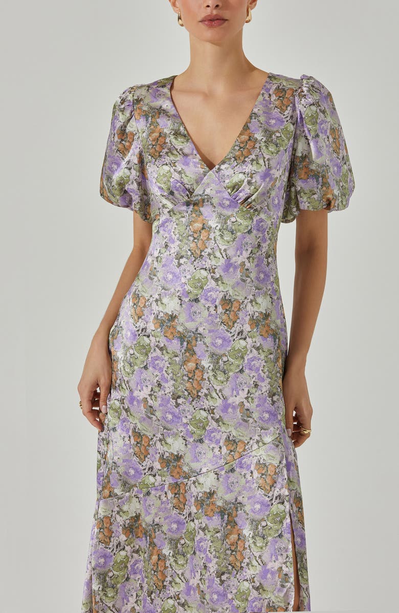 ASTR the Label Floral Puff Sleeve Satin Maxi Dress, Alternate, color, Purple Gre