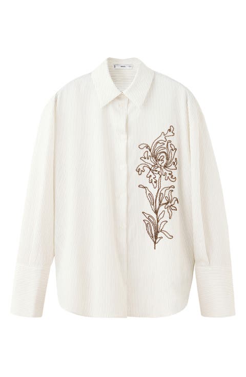Stripe Floral Beaded Embroidered Button-Up Shirt
