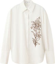 MANGO Stripe Floral Beaded Embroidered Button-Up Shirt