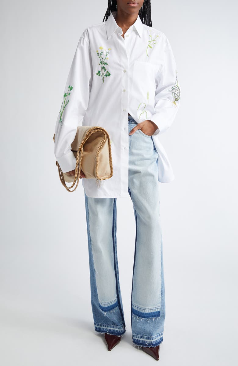 Stella McCartney Floral Embroidered Cotton Poplin Button-Up Shirt, Alternate, color, 