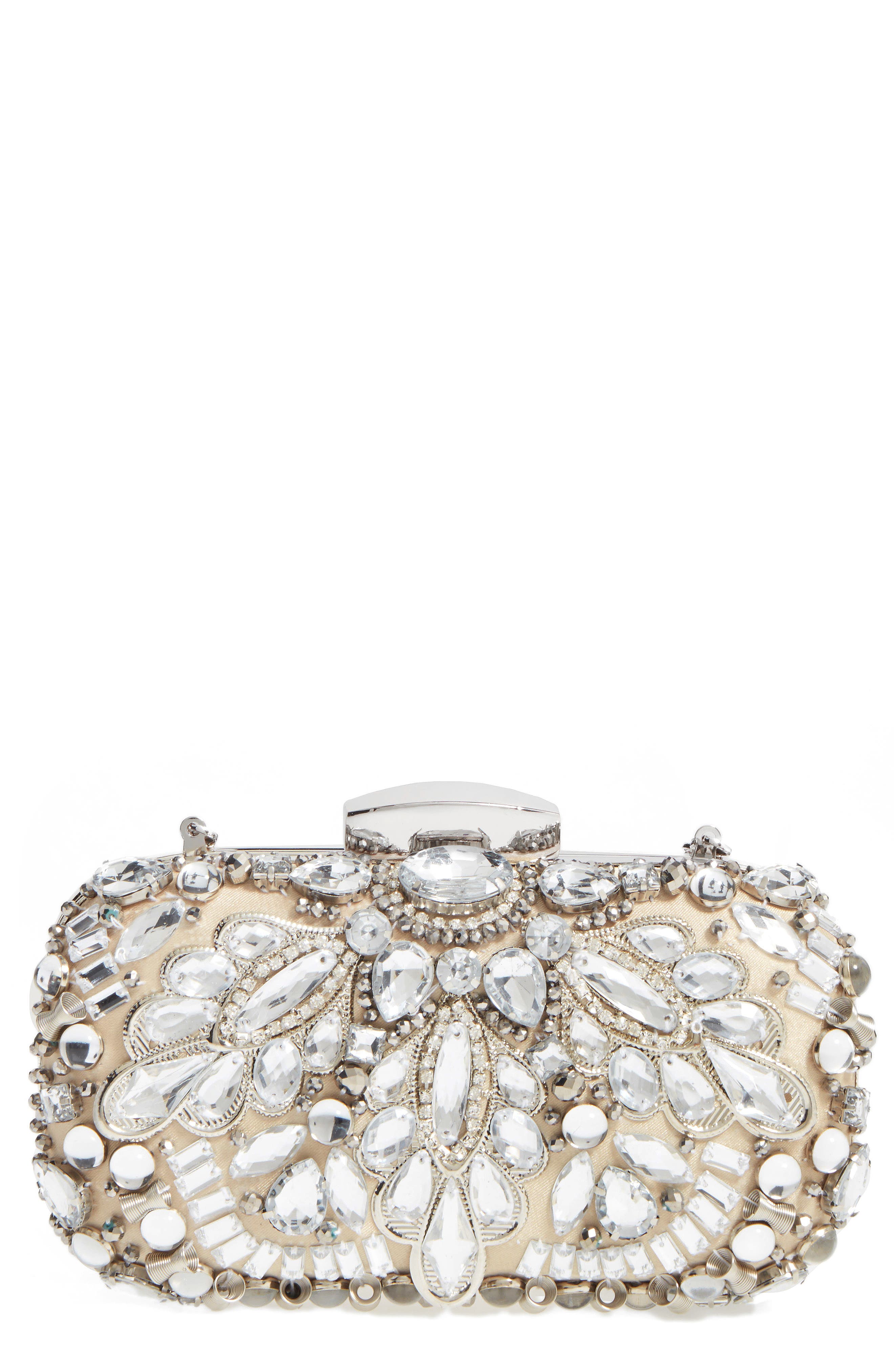 Natasha Couture Crystal Embellished Frame Clutch, Main, color, BEIGE/ SILVER