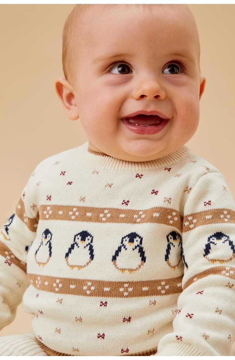 MORI Penguin Fair Isle Knitted Jumper, Alternate, color, Cream