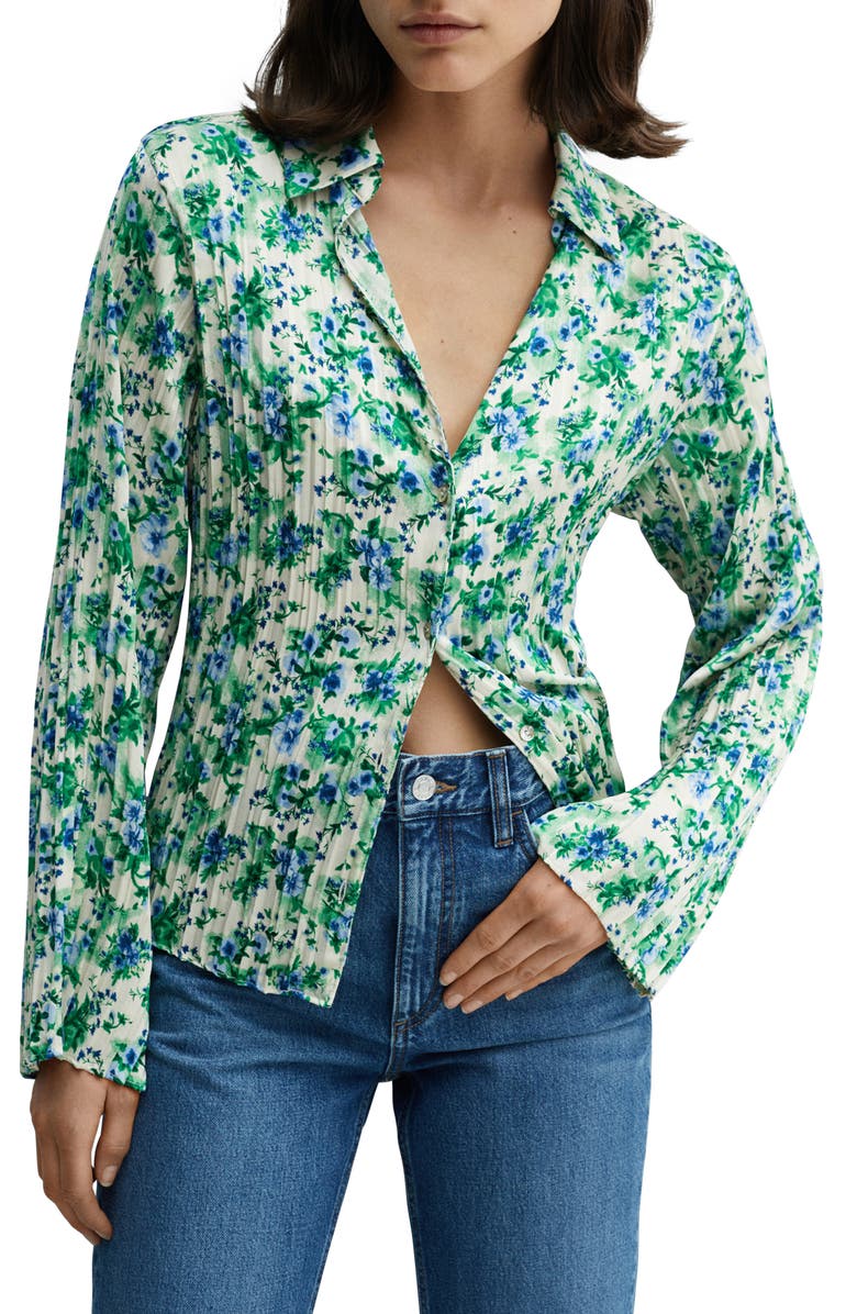 MANGO Floral Plissé Button-Up Shirt, Main, color,