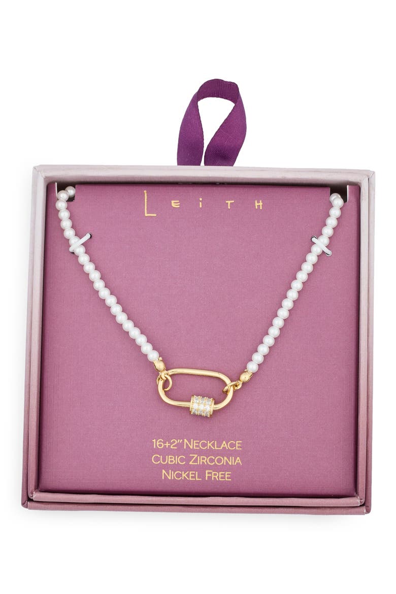 Cubic Zirconia & Faux Pearl Carabiner Necklace, Main, color, CLEAR- WHITE- GOLD