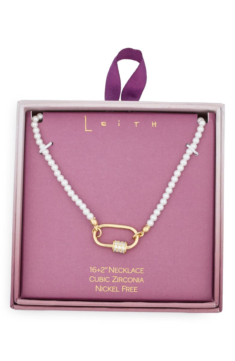 Leith Cubic Zirconia & Faux Pearl Carabiner Necklace, Main, color, Clear- White- Gold