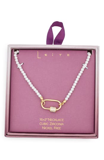 Leith Cubic Zirconia & Faux Pearl Carabiner Necklace In Gold