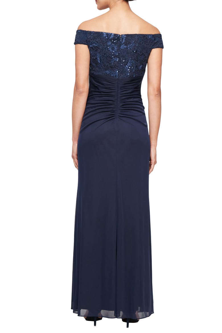 Embroidered Lace Off the Shoulder Gown, Alternate, color, NAVY