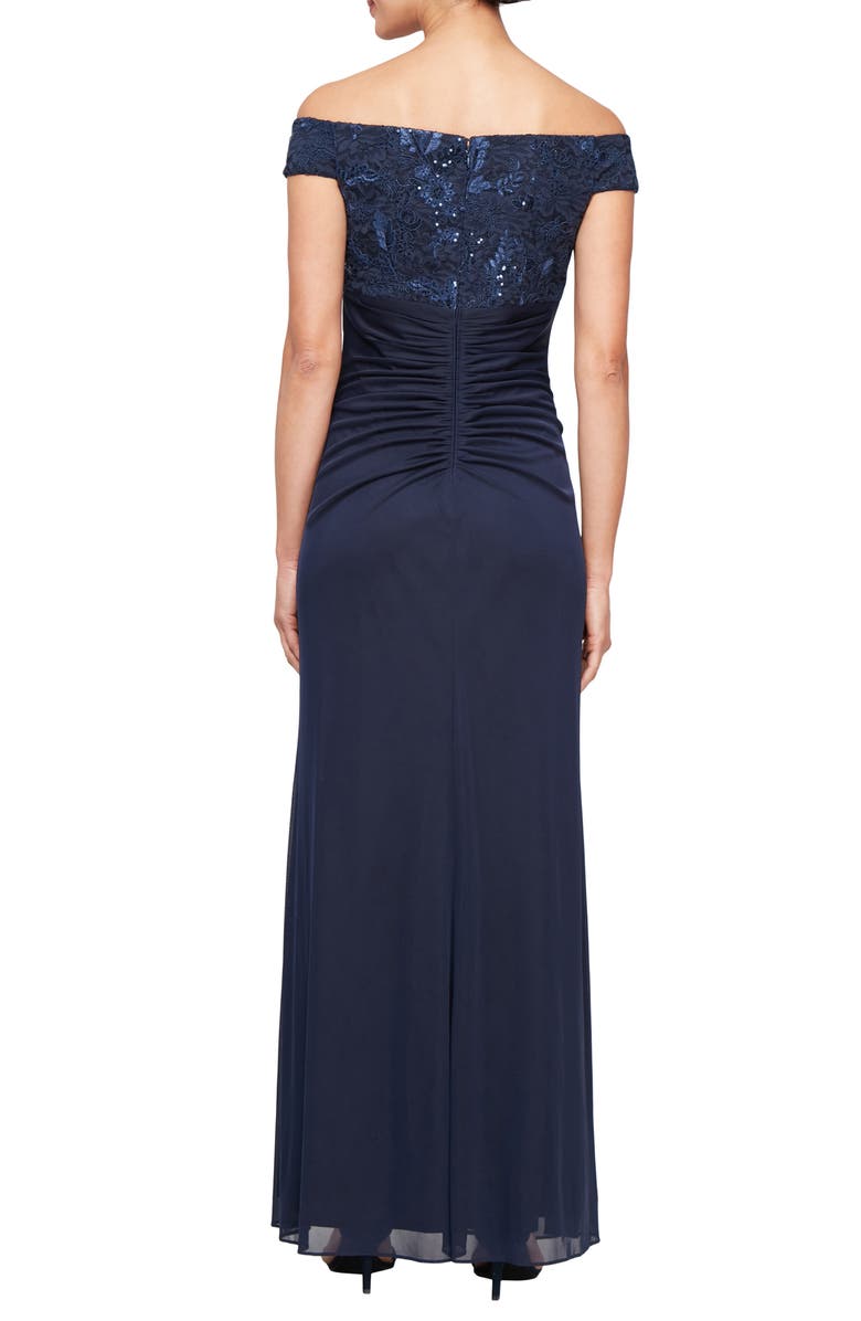 Alex Evenings Embroidered Lace Off the Shoulder Gown, Alternate, color, Navy