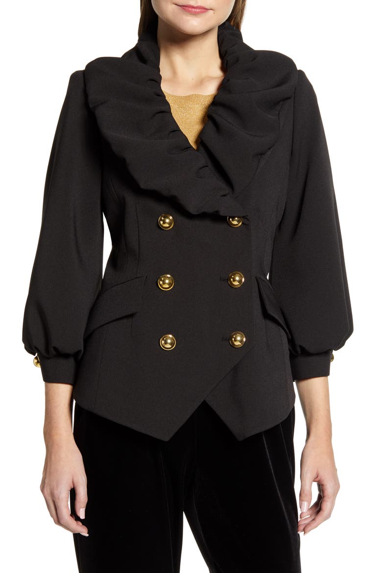 x Atlantic-Pacific Ruffle Front Blazer (Nordstrom Exclusive), Main, color, BLACK