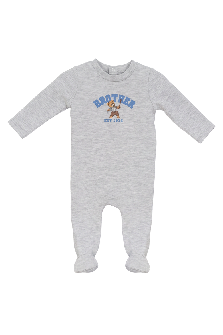 Cotton Spandex Bro Bear Embroidery Footed Romper, Main, color, Light Grey Mix/Navy