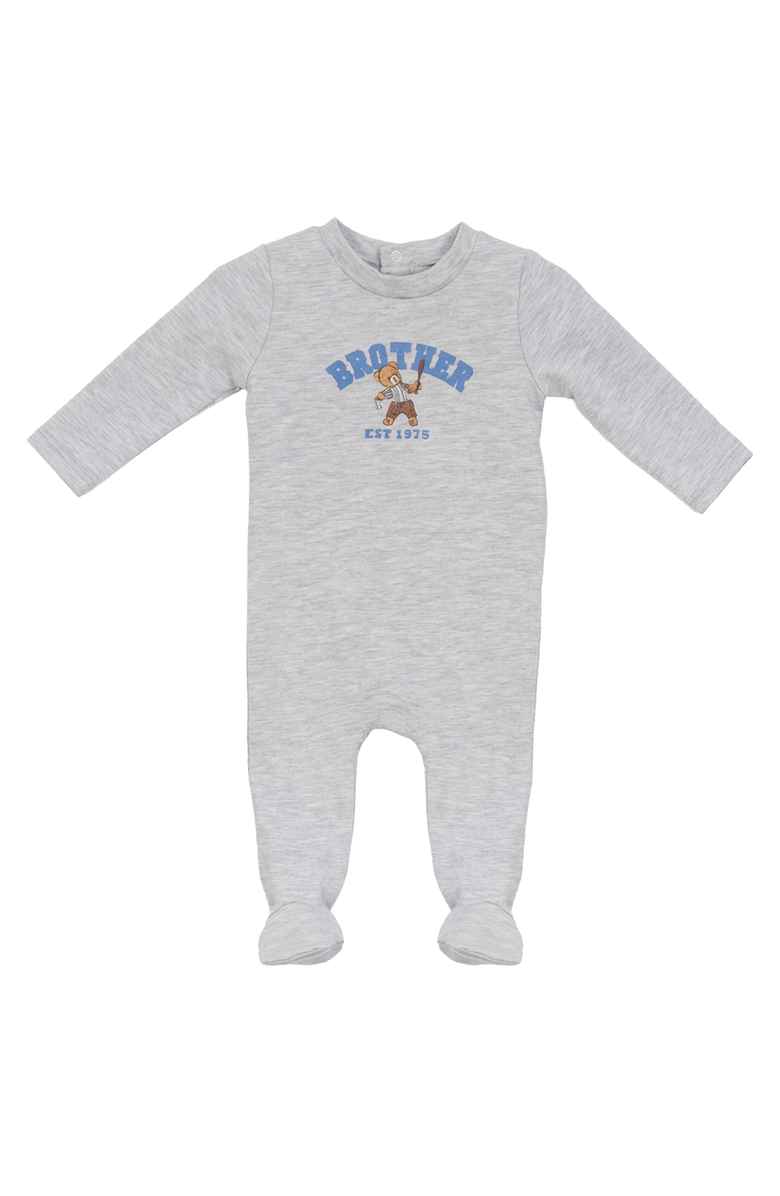 Whipped Cocoa Cotton Spandex Bro Bear Embroidery Footed Romper, Main, color, Light Grey Mix/Navy