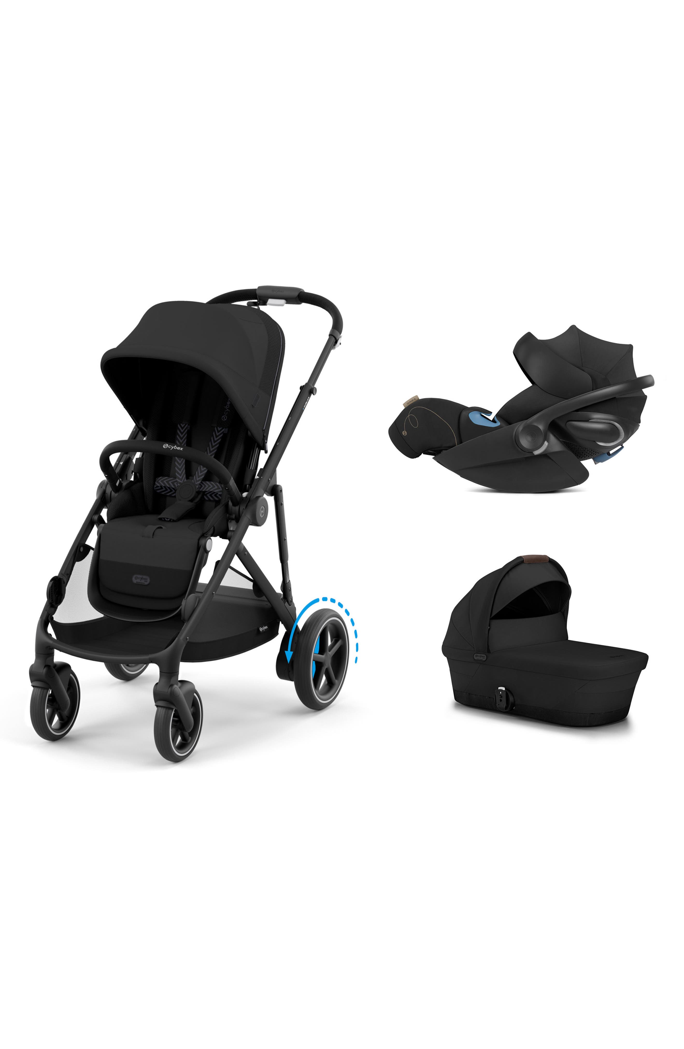 CYBEX eGazelle S Stroller, Cloud G Lux Infant Car Seat & eGazelle Cot Travel System in Moon Black 
