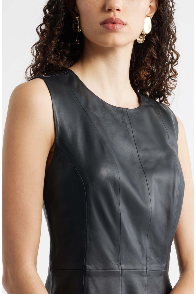 Seamed Leather Midi Dress, Alternate, color, BLACK