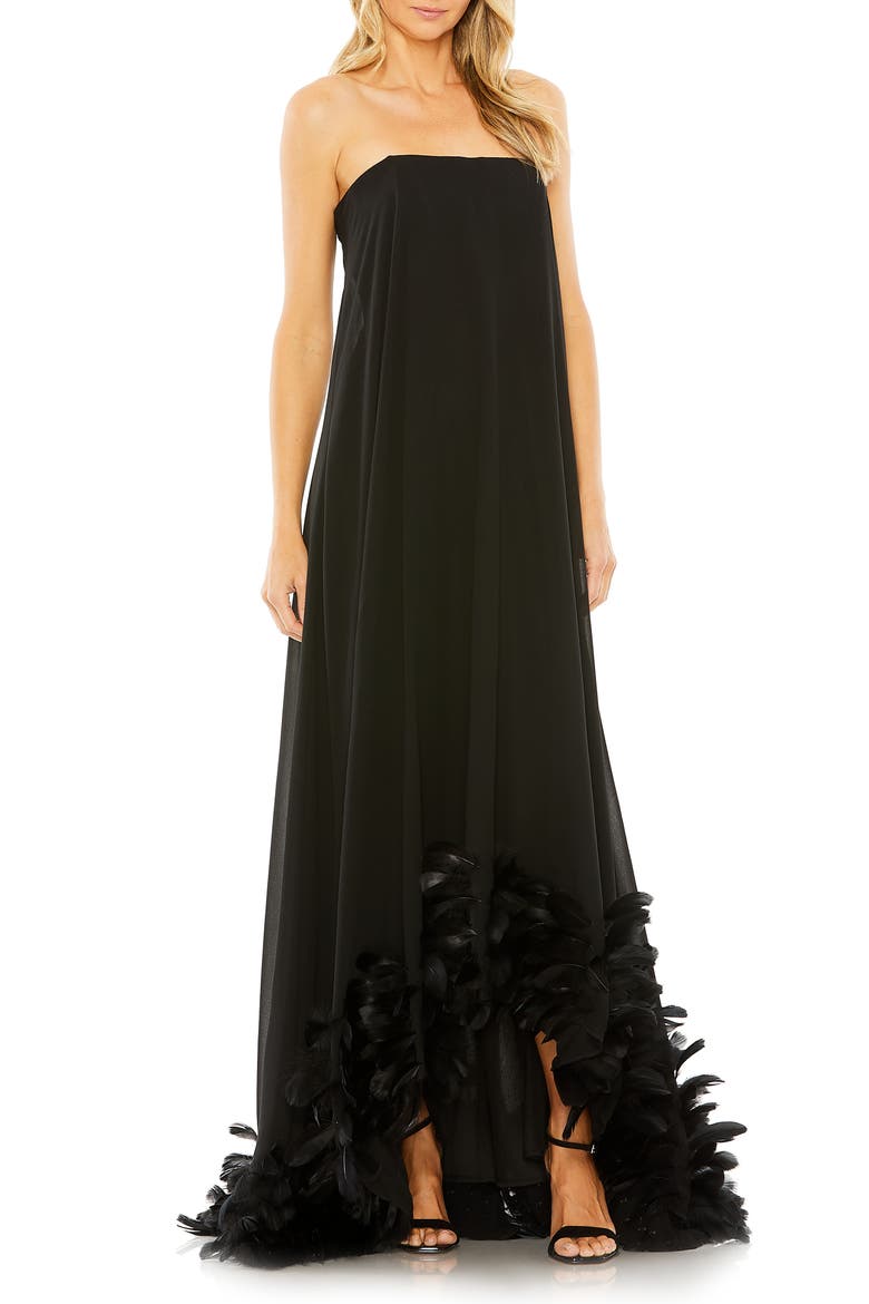 Strapless Feather Hem High Low Gown, Main, color, BLACK