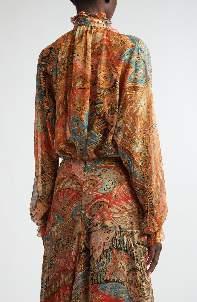 Etro Paisley Frill Collar Silk Button-Up Shirt, Alternate, color, Printed Red