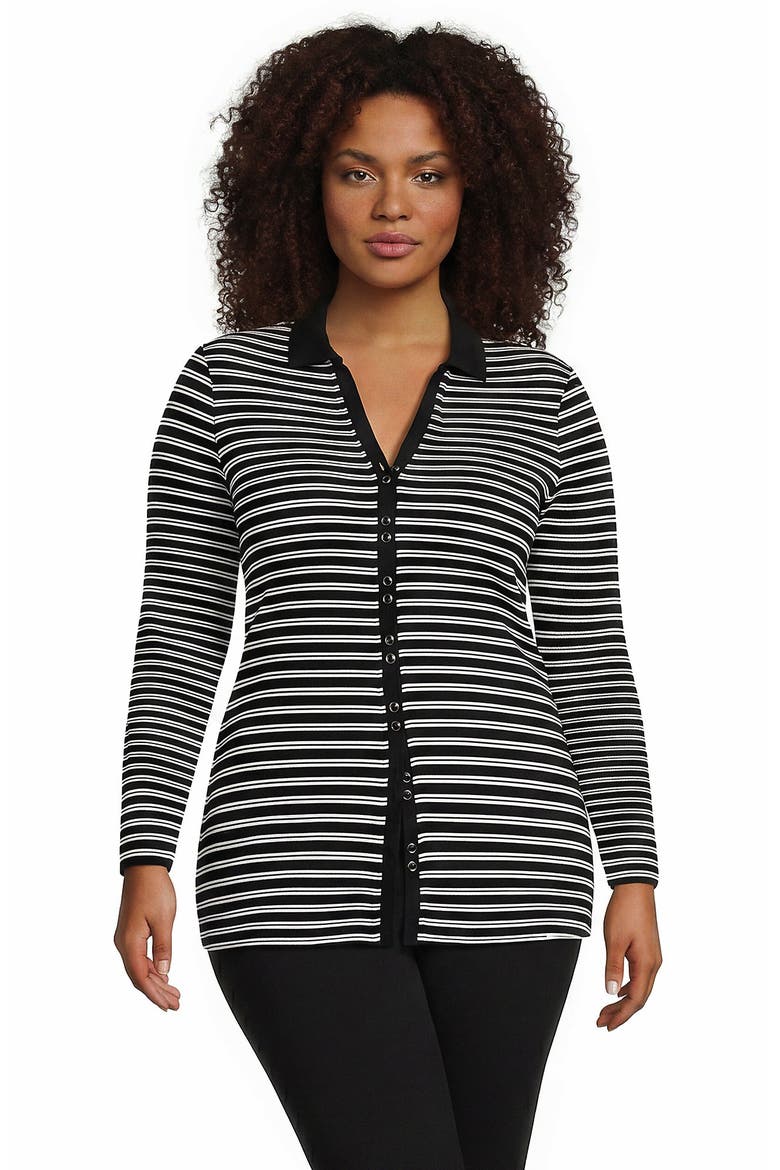 Plus Size Long Sleeve Polished Rib Button Through Tunic Shirt, Main, color, Ivory/Black Dual Stripe