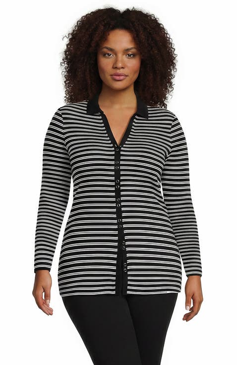 Plus Size Long Sleeve Polished Rib Button Through Tunic Shirt
