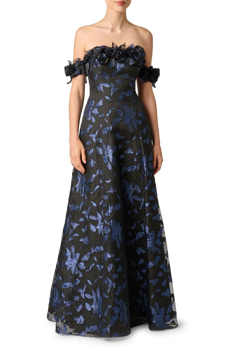 Metallic Jacquard Organza Off the Shoulder Gown, Main, color, NAVY/BLACK