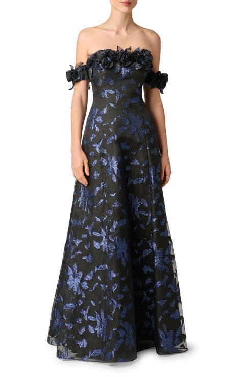 Metallic Jacquard Organza Off the Shoulder Gown