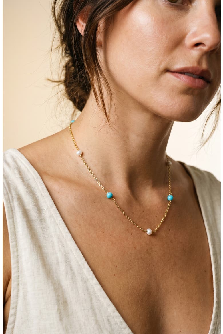 Cultured Pearl & Turquoise Station Necklace, Alternate, color, GOLD