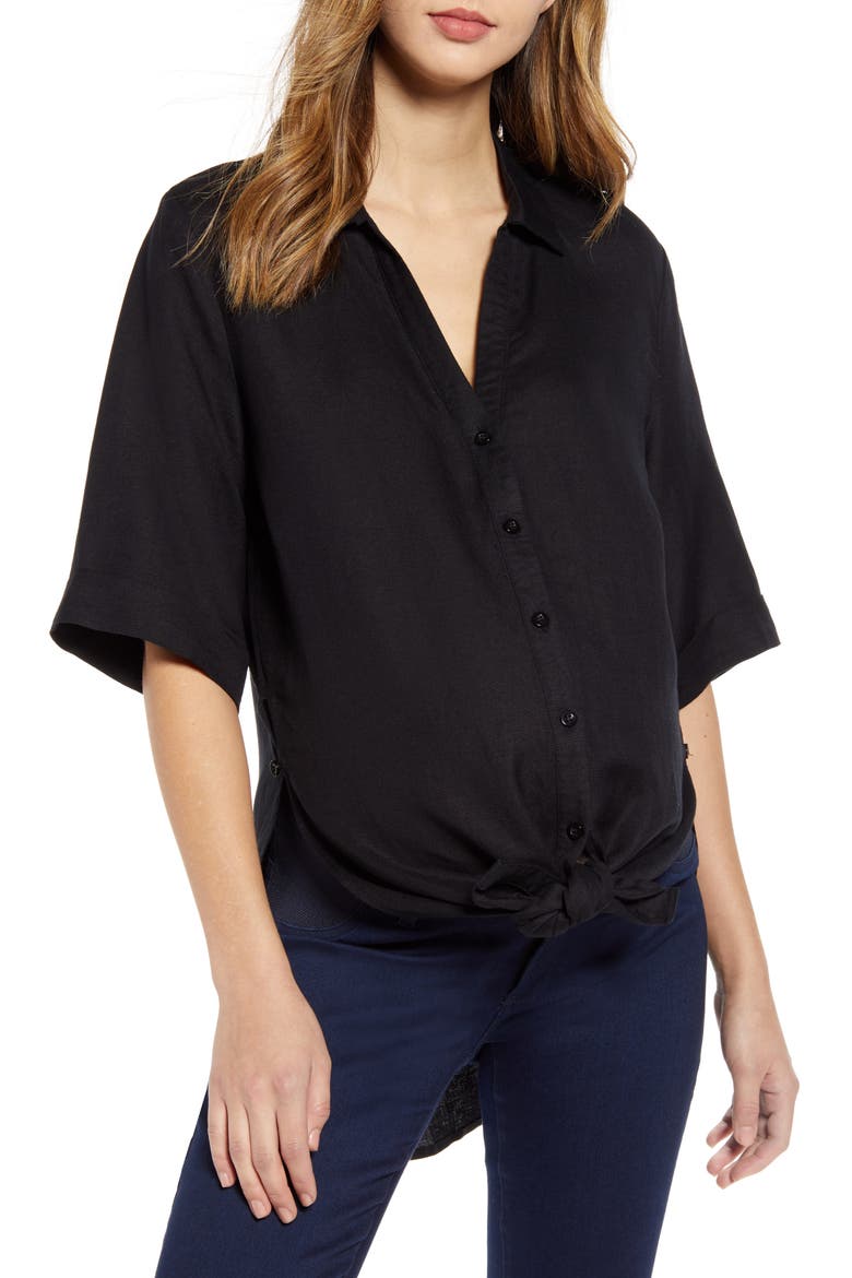 Tie Front Maternity Button-Up Shirt, Main, color, BLACK
