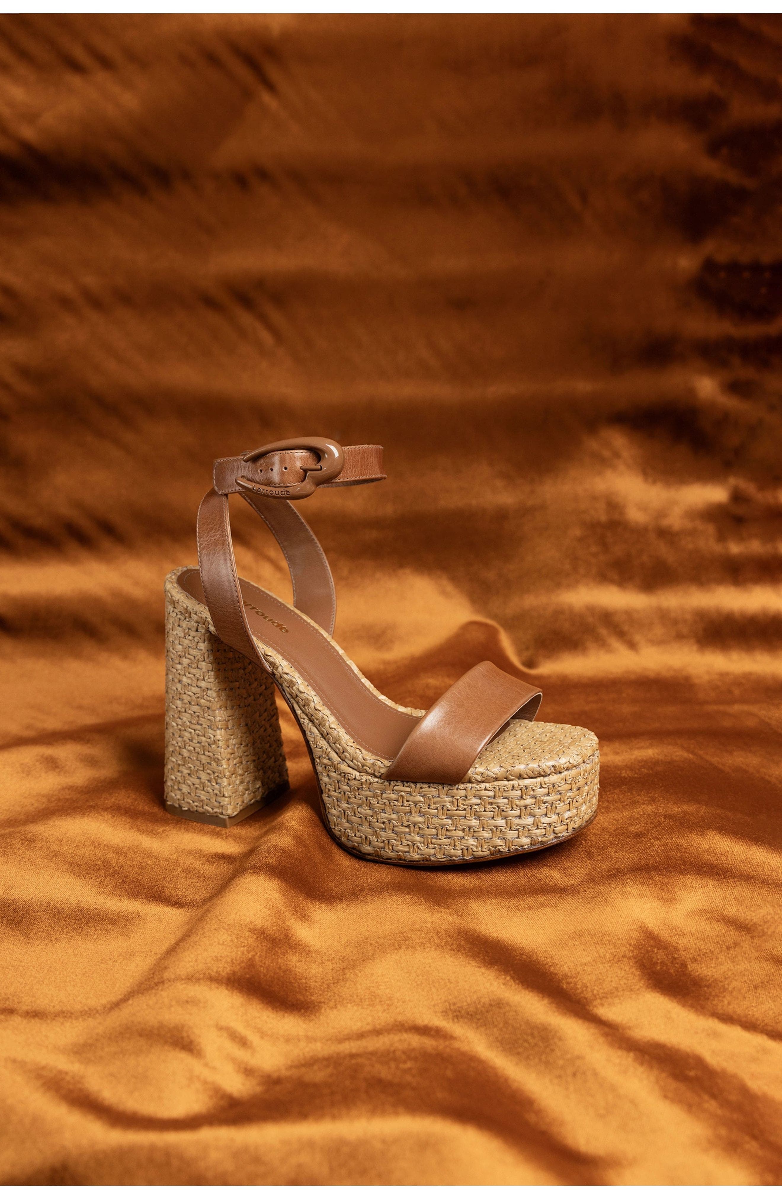 Larroudé Dolly Verona Sandal, Alternate, color, Caramel Leather And Raffia