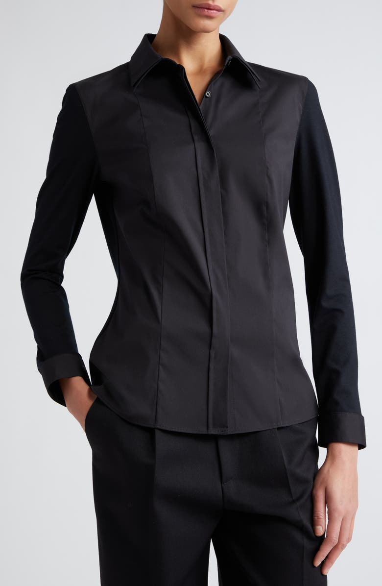 Akris punto Double Collar Stretch Cotton Button-Up Shirt, Alternate, color, Black