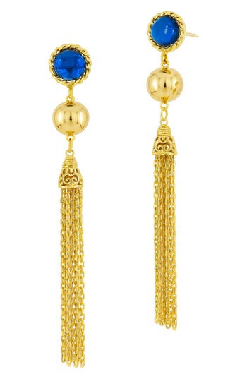 Savvy Cie Jewels 18k Gold Plated Drop Tassel Earrings With Blue Cz In Blue