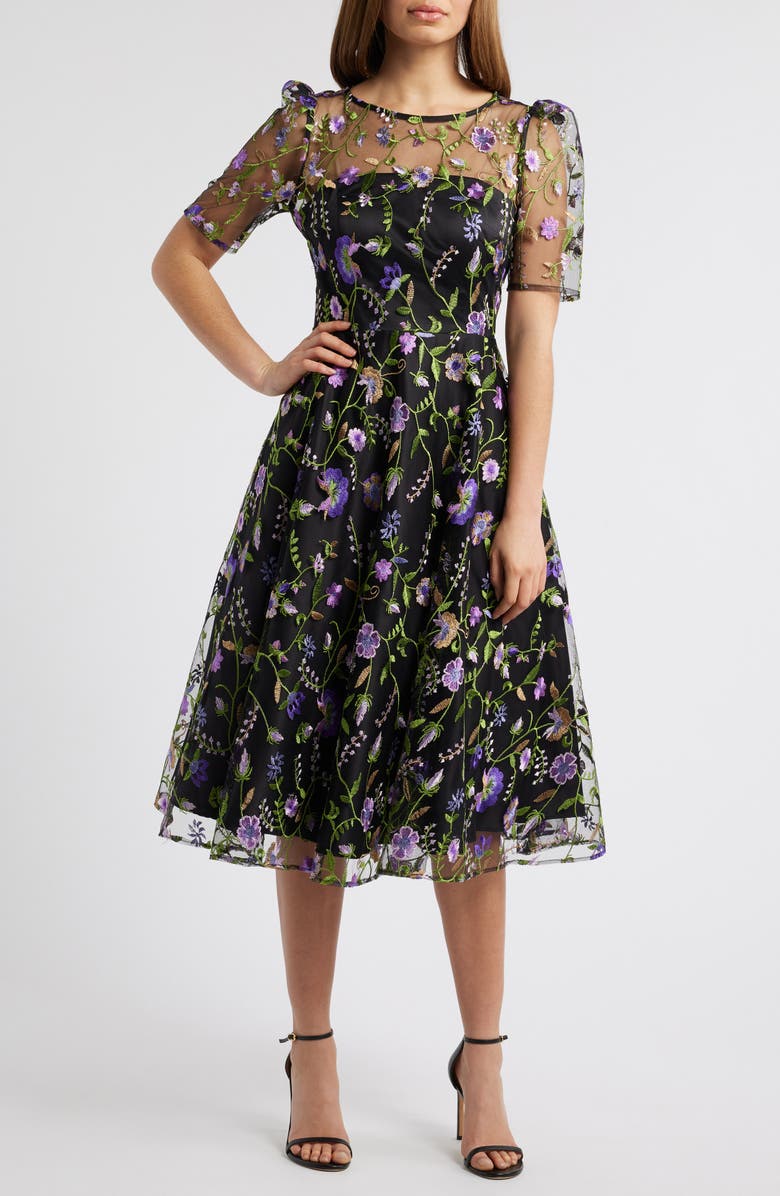 Eliza J Embroidered Illusion Neck Cocktail Midi Dress, Main, color, Black Purple