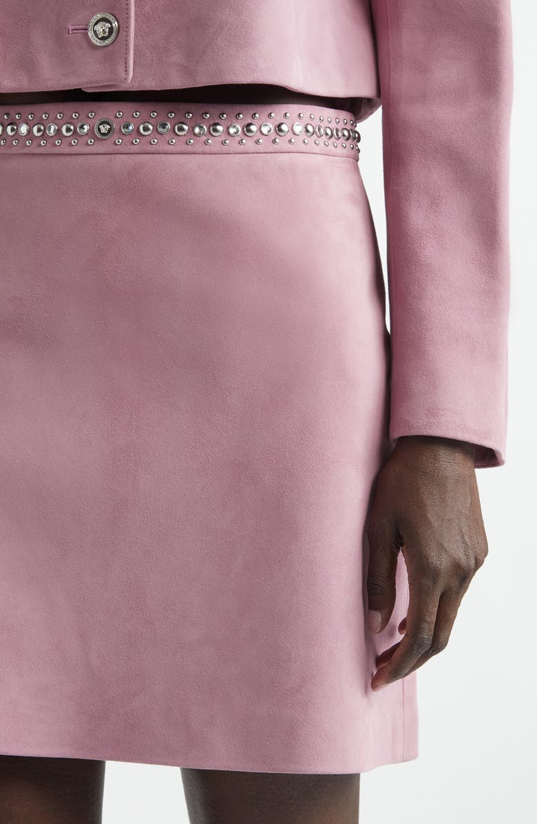 Versace Studded Waist Suede Miniskirt, Alternate, color, Dusty Mauve