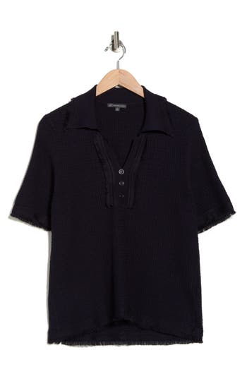Adrianna Papell Frayed Edge Johnny Collar Polo In Black