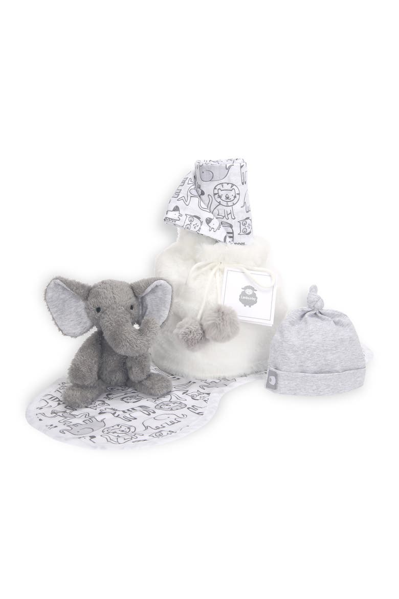 5 Piece Gray/White Plush Infant/Newborn Baby Gift Bag w/ Swaddle, Main, color, Gray
