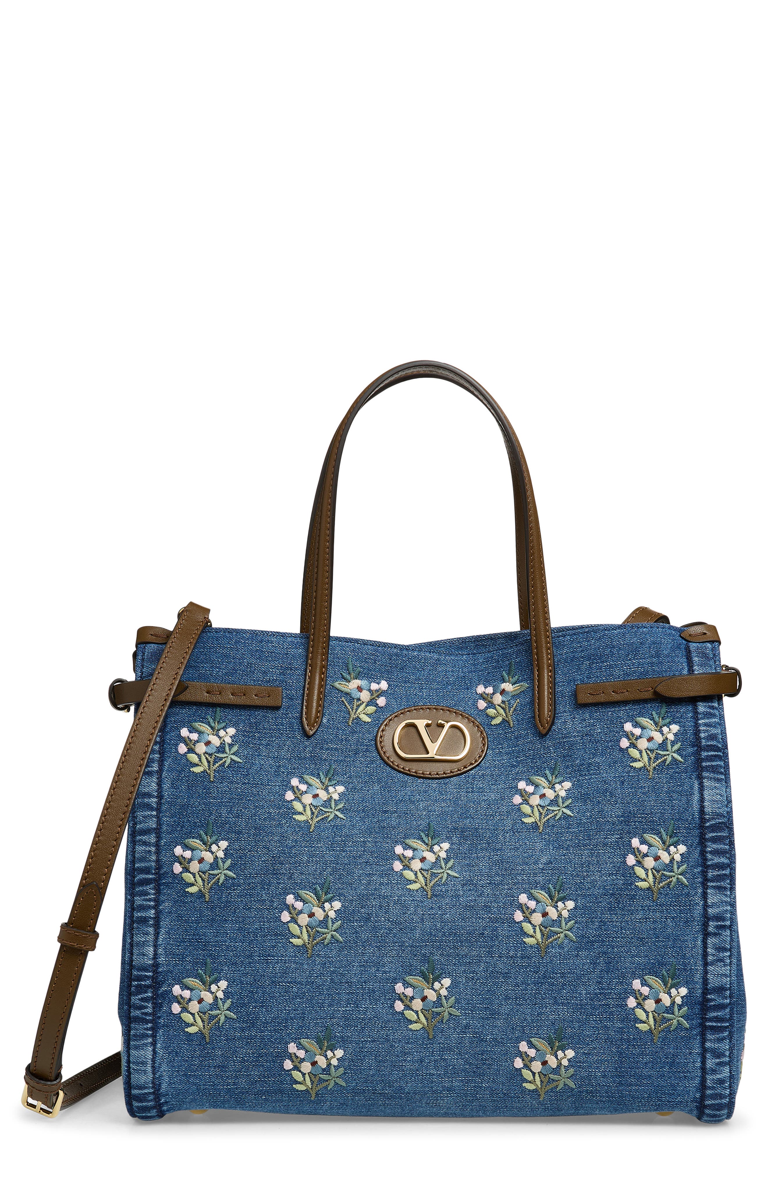 Valentino Garavani Medium Antibes Embroidered Denim Tote, Main, color, Blue Multi