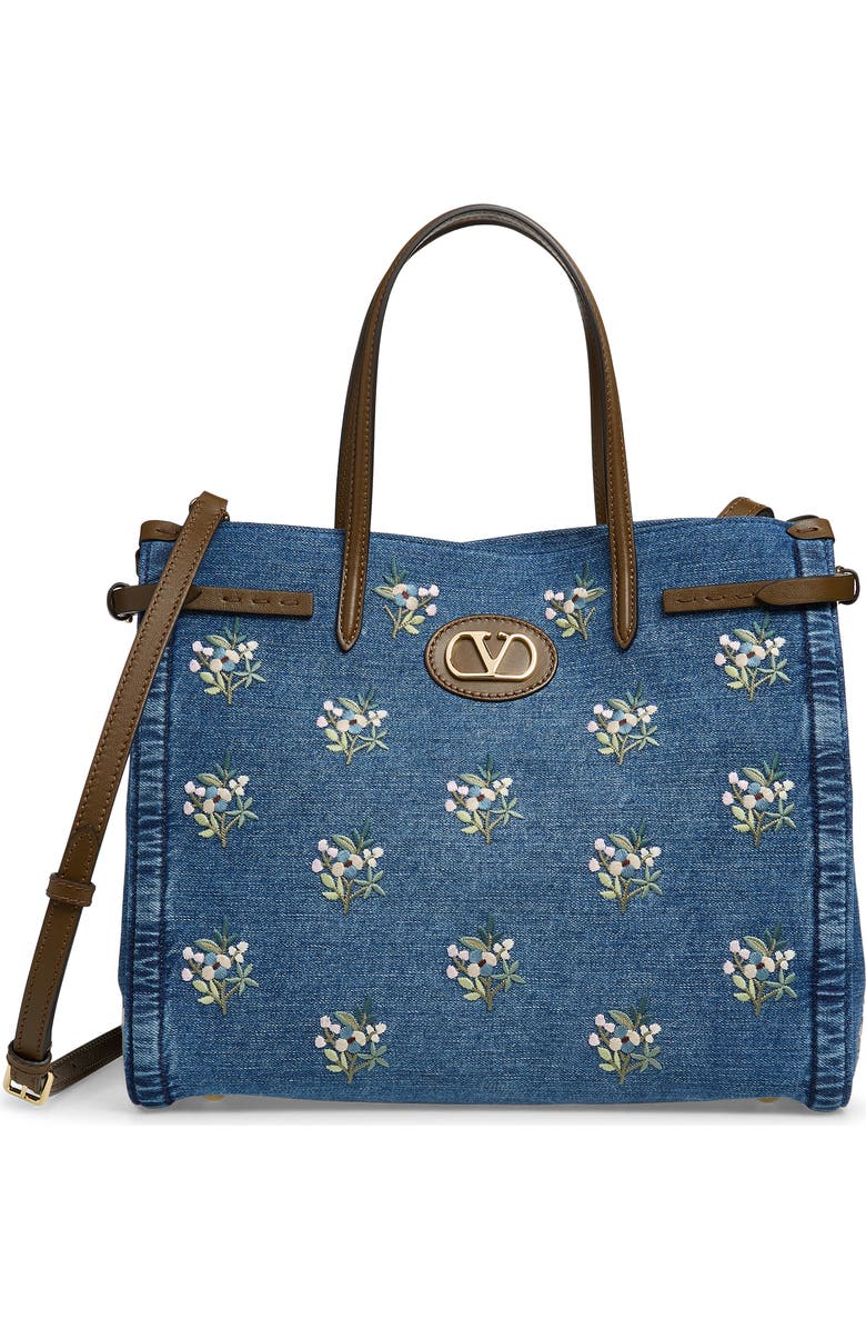 Valentino Garavani Medium Antibes Embroidered Denim Tote, Main, color, Blue Multi