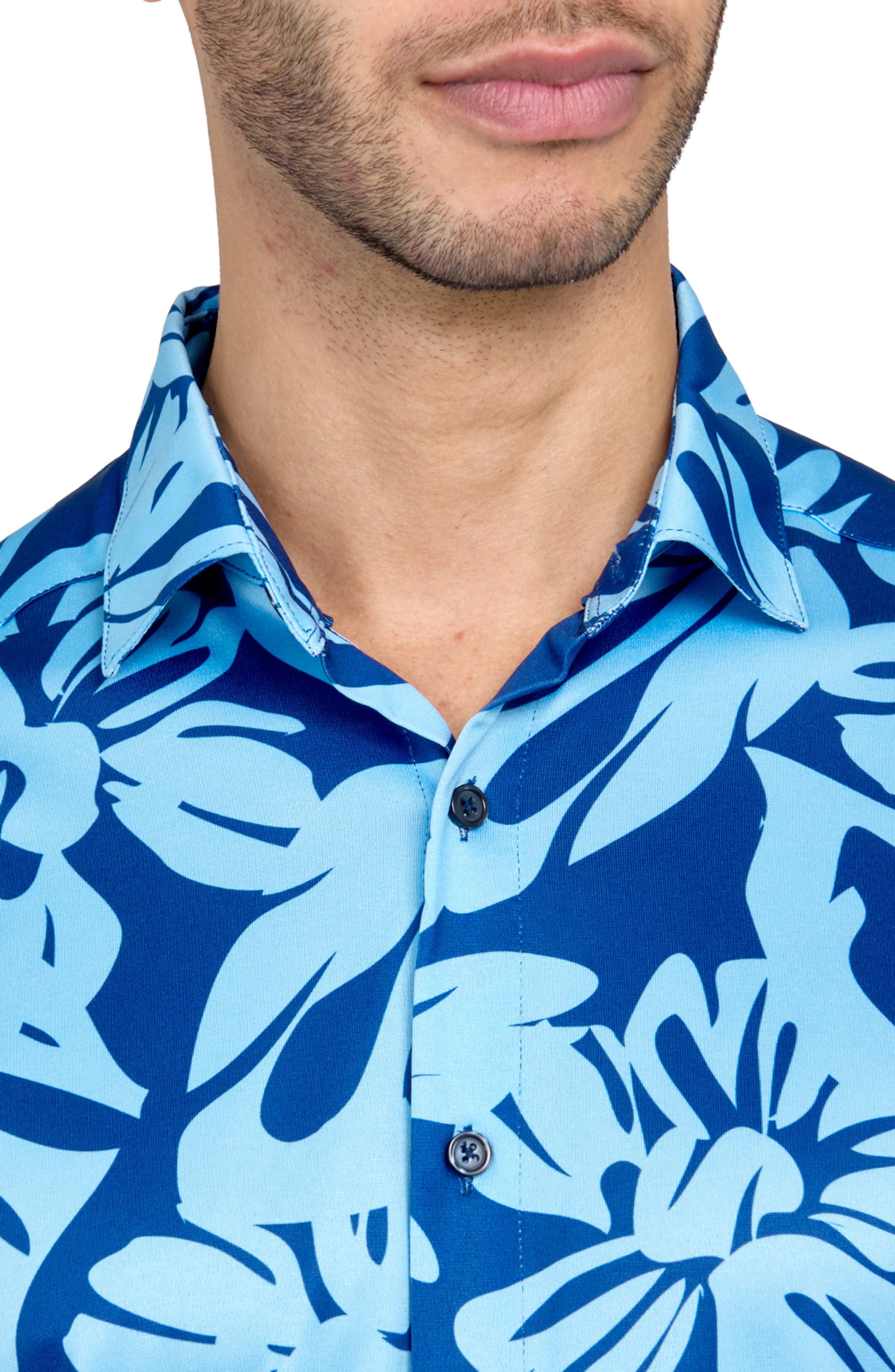 Regular Fit Exploded Floral Print Recycled Performance Golf Button-Down Shirt - image 4