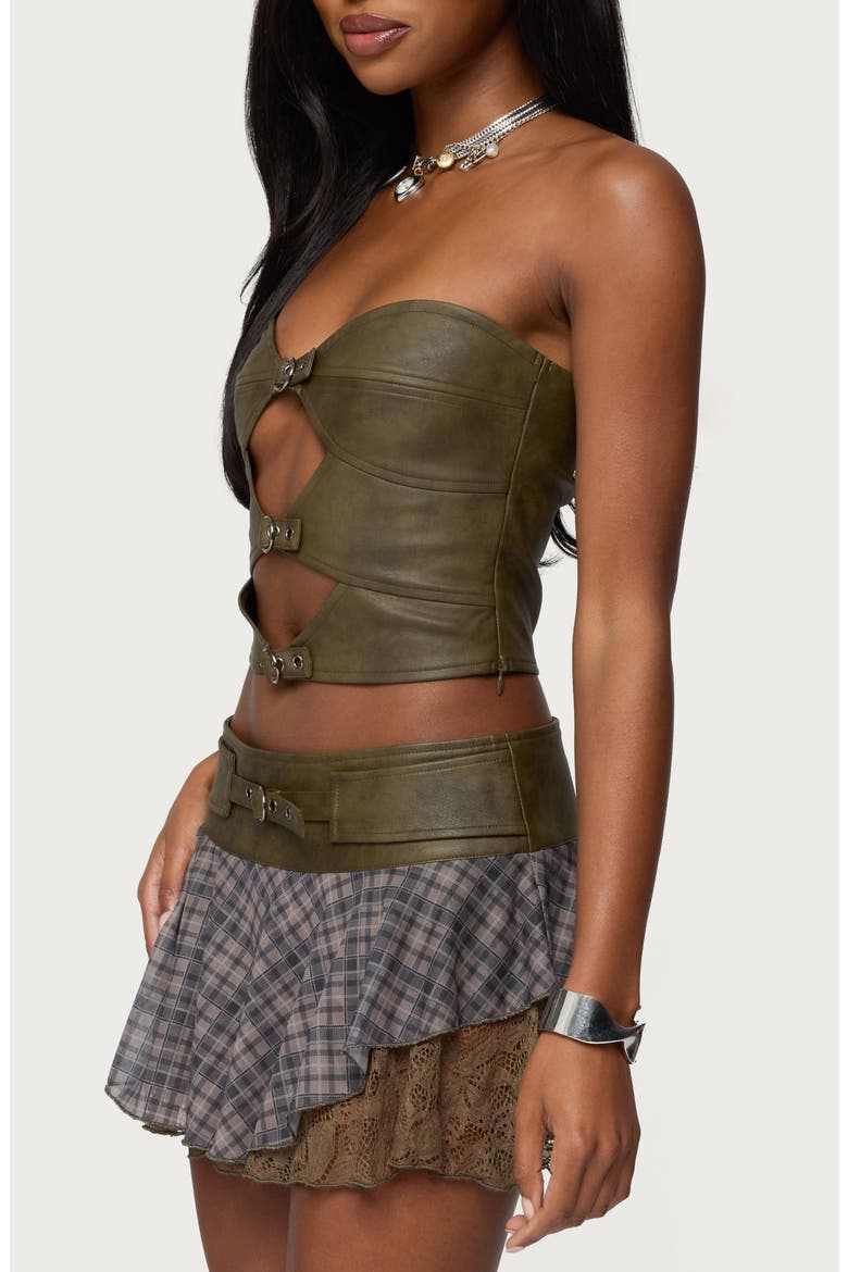Varley Buckle Cutout Strapless Faux Leather Top, Alternate, color, OLIVE