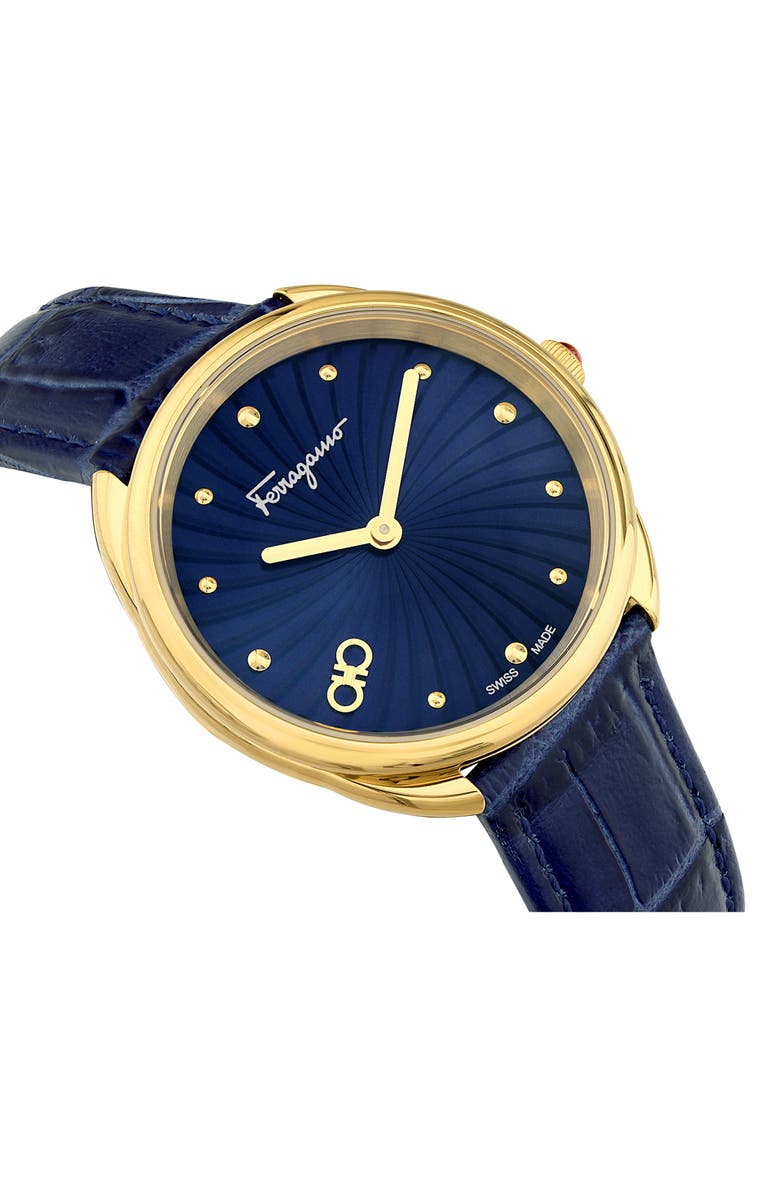 FERRAGAMO 1898 Croc-Embossed Leather Strap Watch, 34mm, Alternate, color, Gold