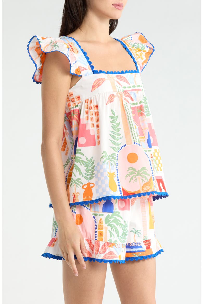 Petrolia Town Ada Embroidered Scalloped Trim Flutter Sleeve Cotton Top, Alternate, color, ORANGE PINK WIHTE