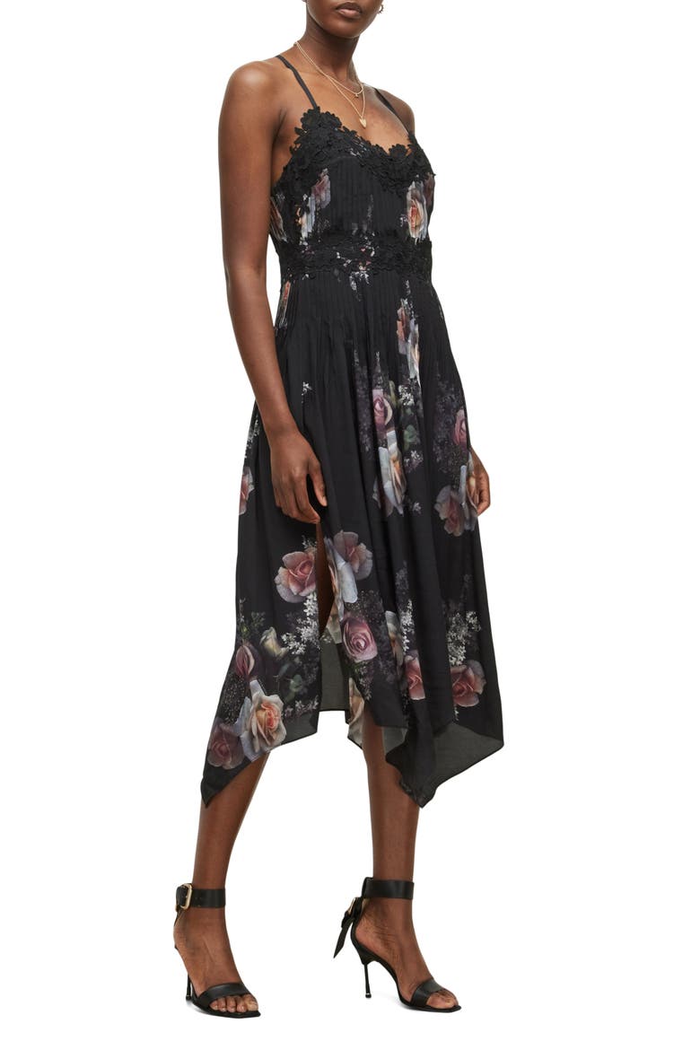 Floral Print Pleat Dress, Alternate, color, BLACK