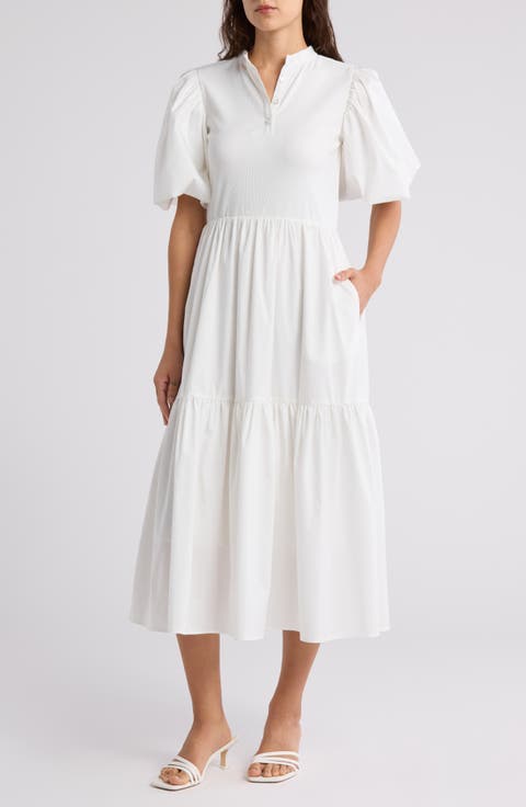 Aries Puff Sleeve Mixed Media Midi Dress