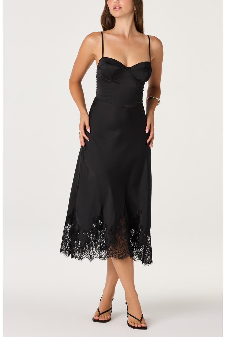 Abrianna Lace Trim Satin Midi Dress, Alternate, color, BLACK
