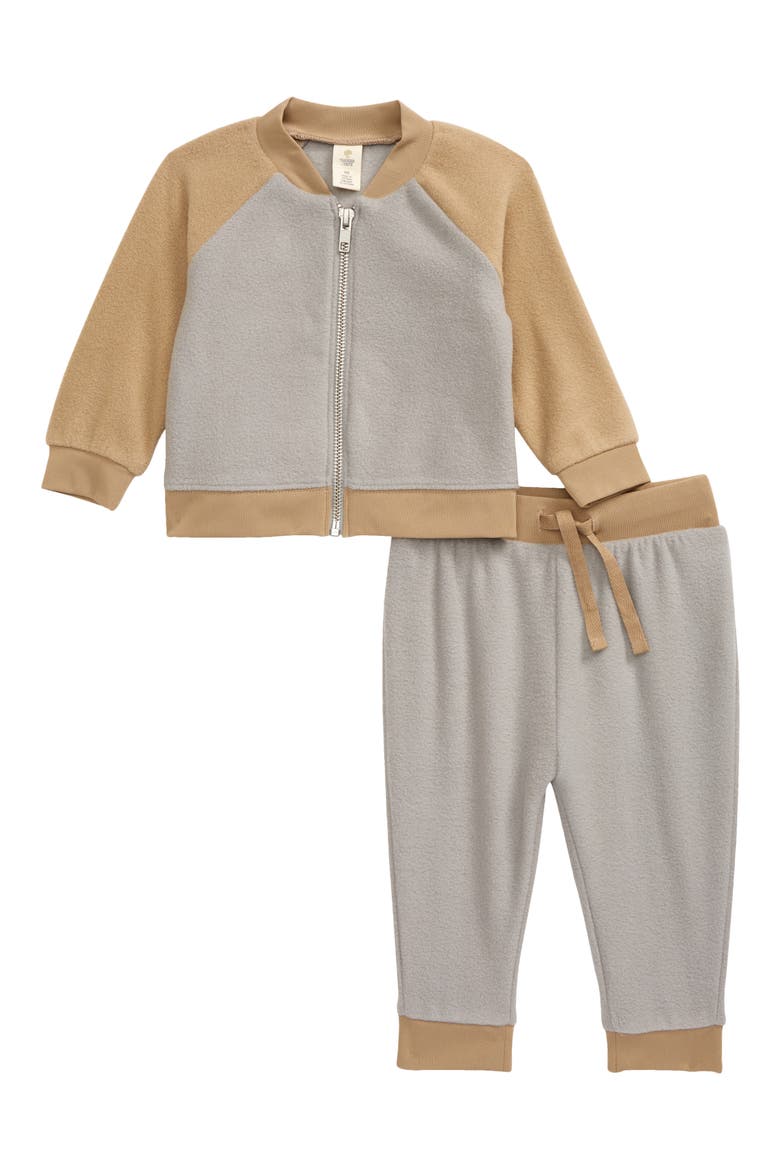 Plush Zip Jacket & Joggers Set, Main, color, GREY ALLOY- TAN